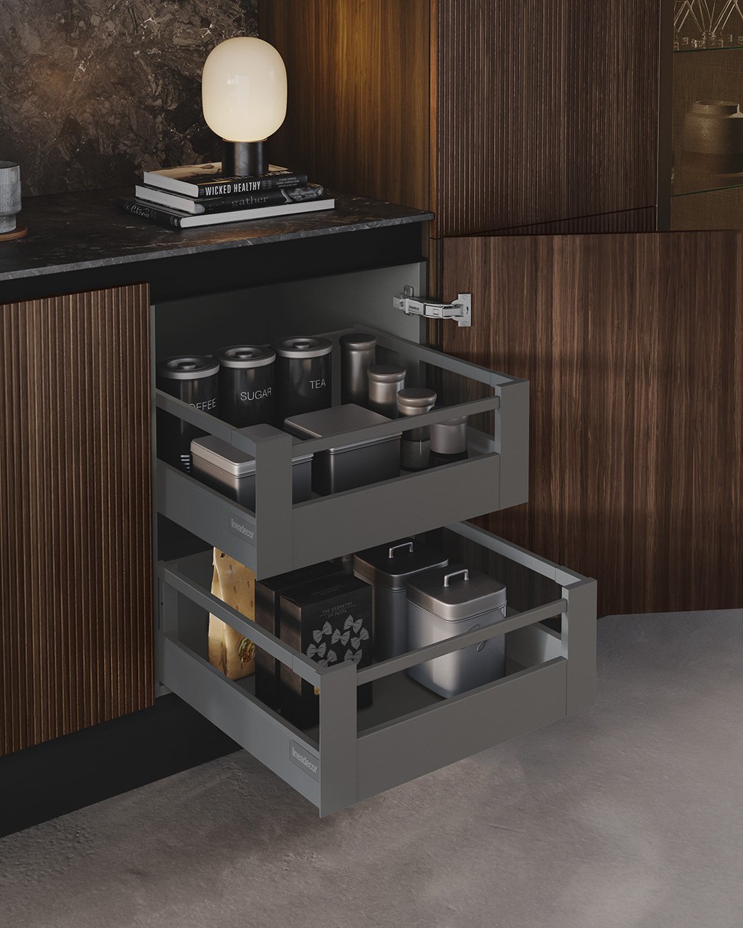 Hinged Door Base Cabinet with Strip Handle and Inner Drawer